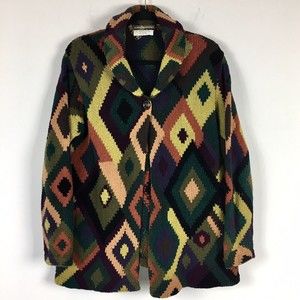 VTG Design Merchants 90s Hand Knit Button Cardigan Diamond M Yellow Green Purple